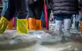 Colourful wellies in flood water