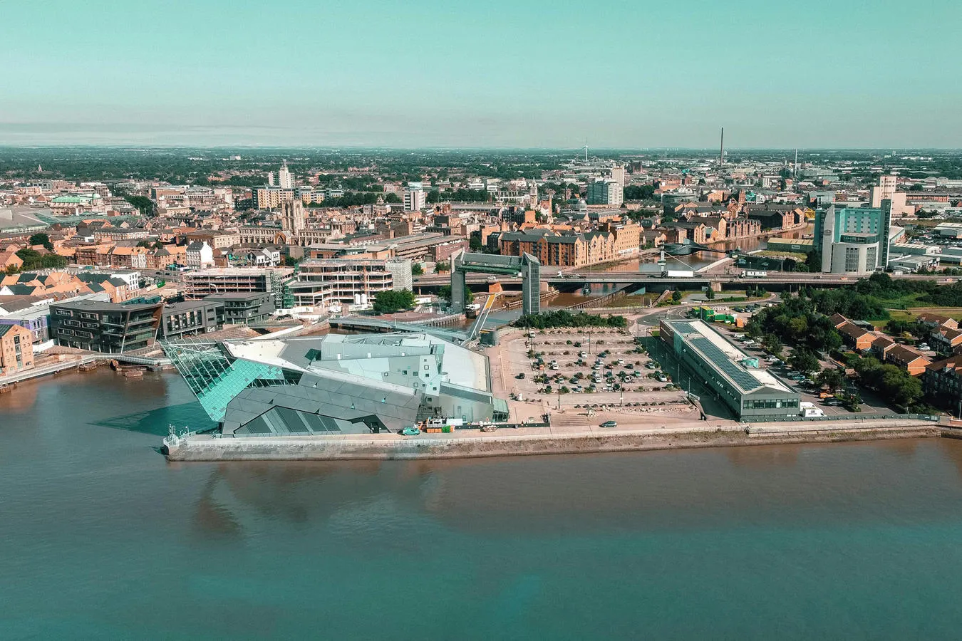 Aerial view of the Rivers Hull and Humber and Hull city centre including The Deep