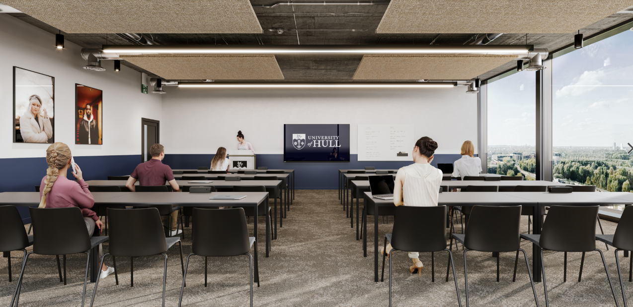 artists impression of students in new seminar room overlooking parkland and city in the background