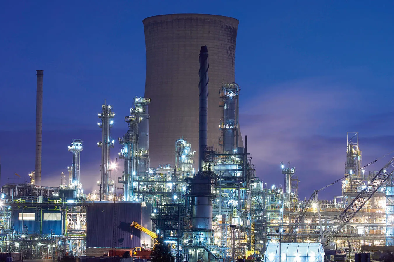 BP Petrochemical plant lit up at dusk