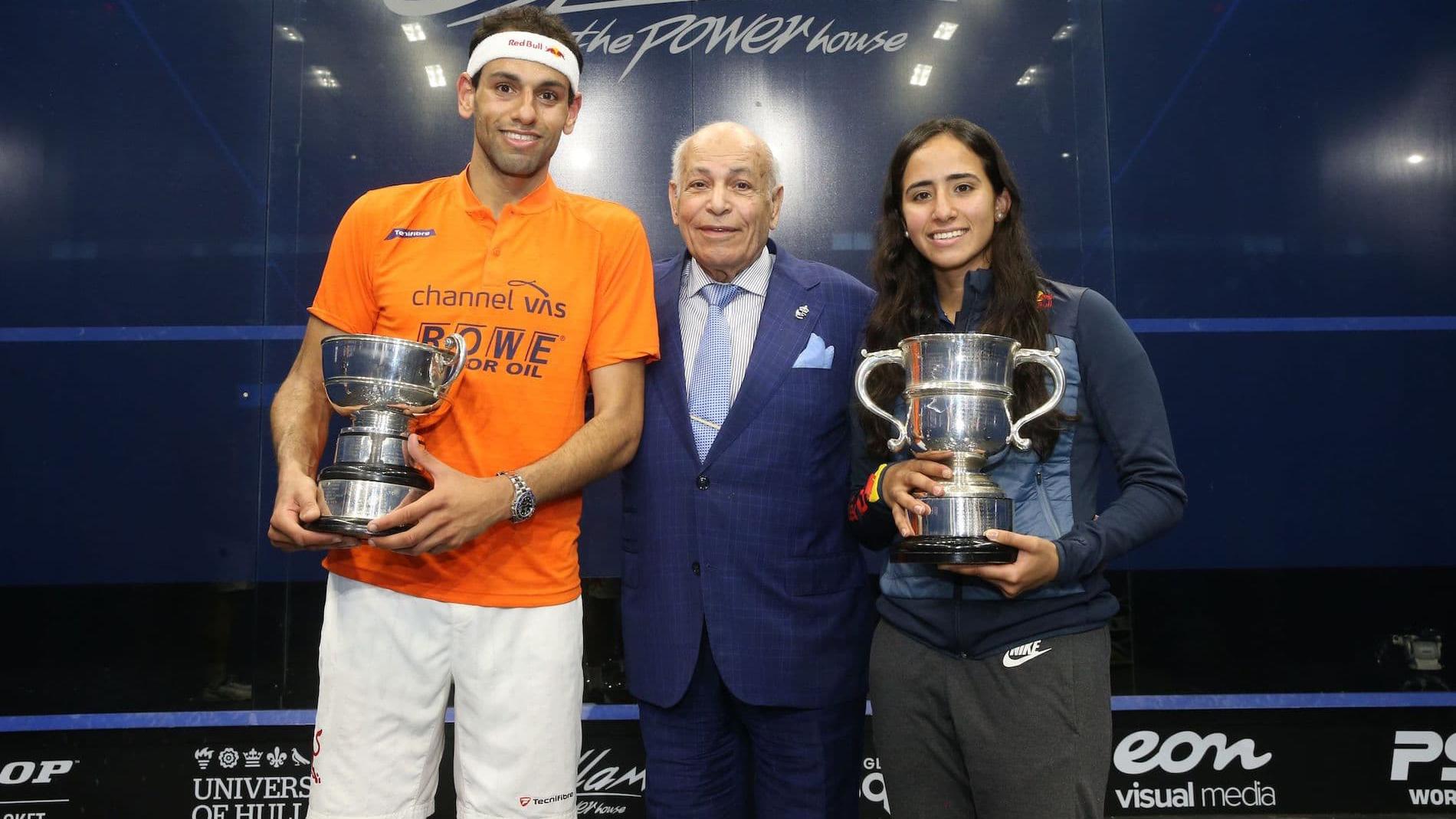 Mohamed ElShorbagy and Nouran Gohar with Dr Allam at the 2019 British Open