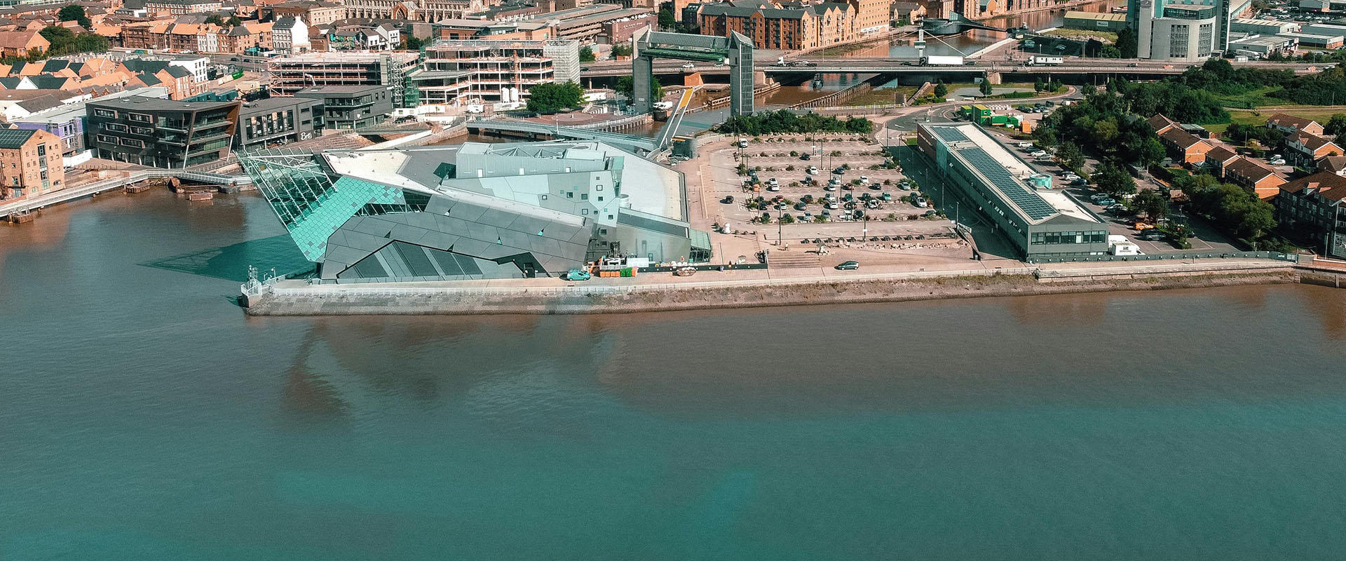 Aerial view of the rivers Hull and Humber with The Deep and Tidal Barrier