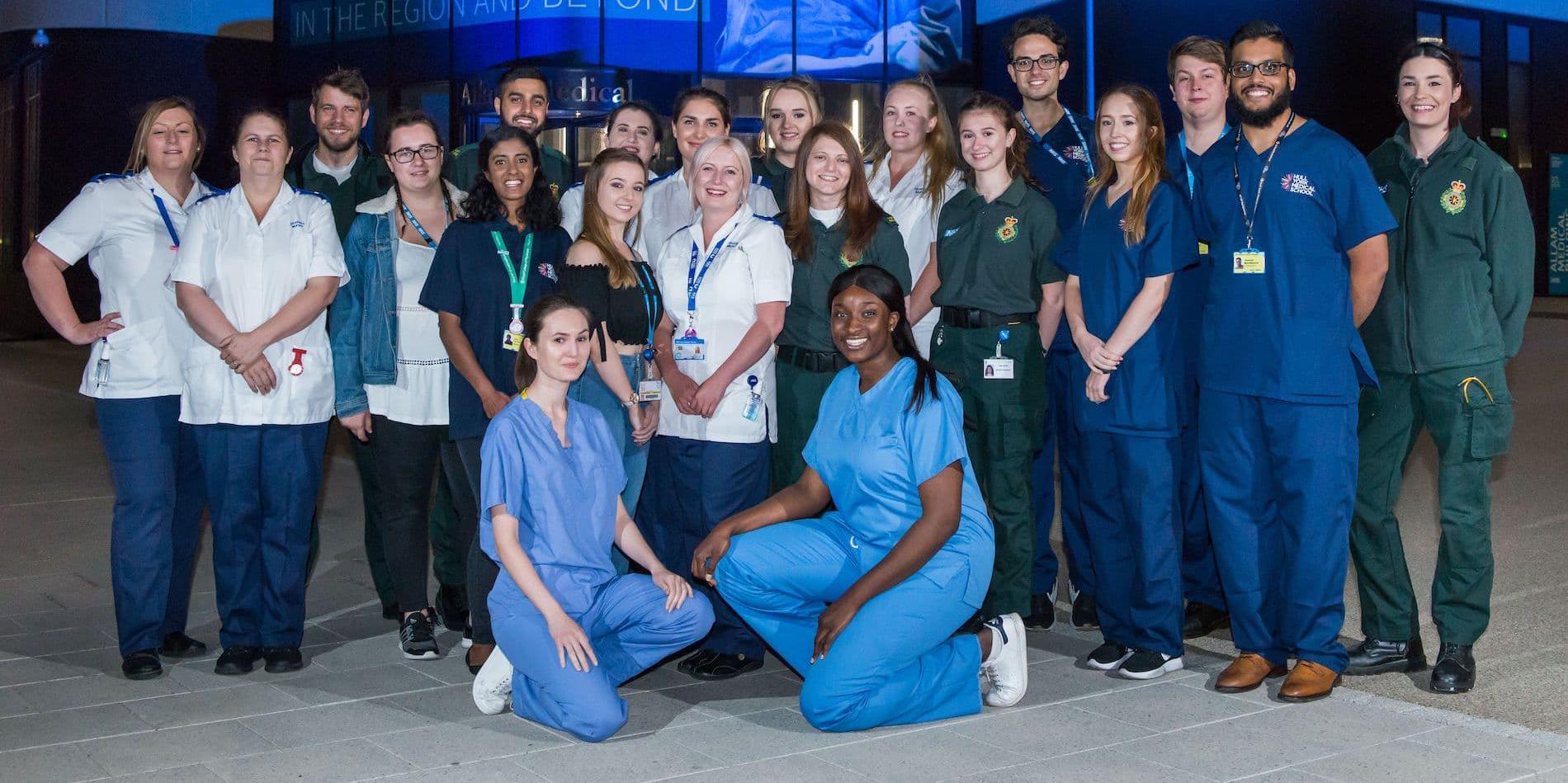 Medical students outside the University of Hull's Allam Medical Building