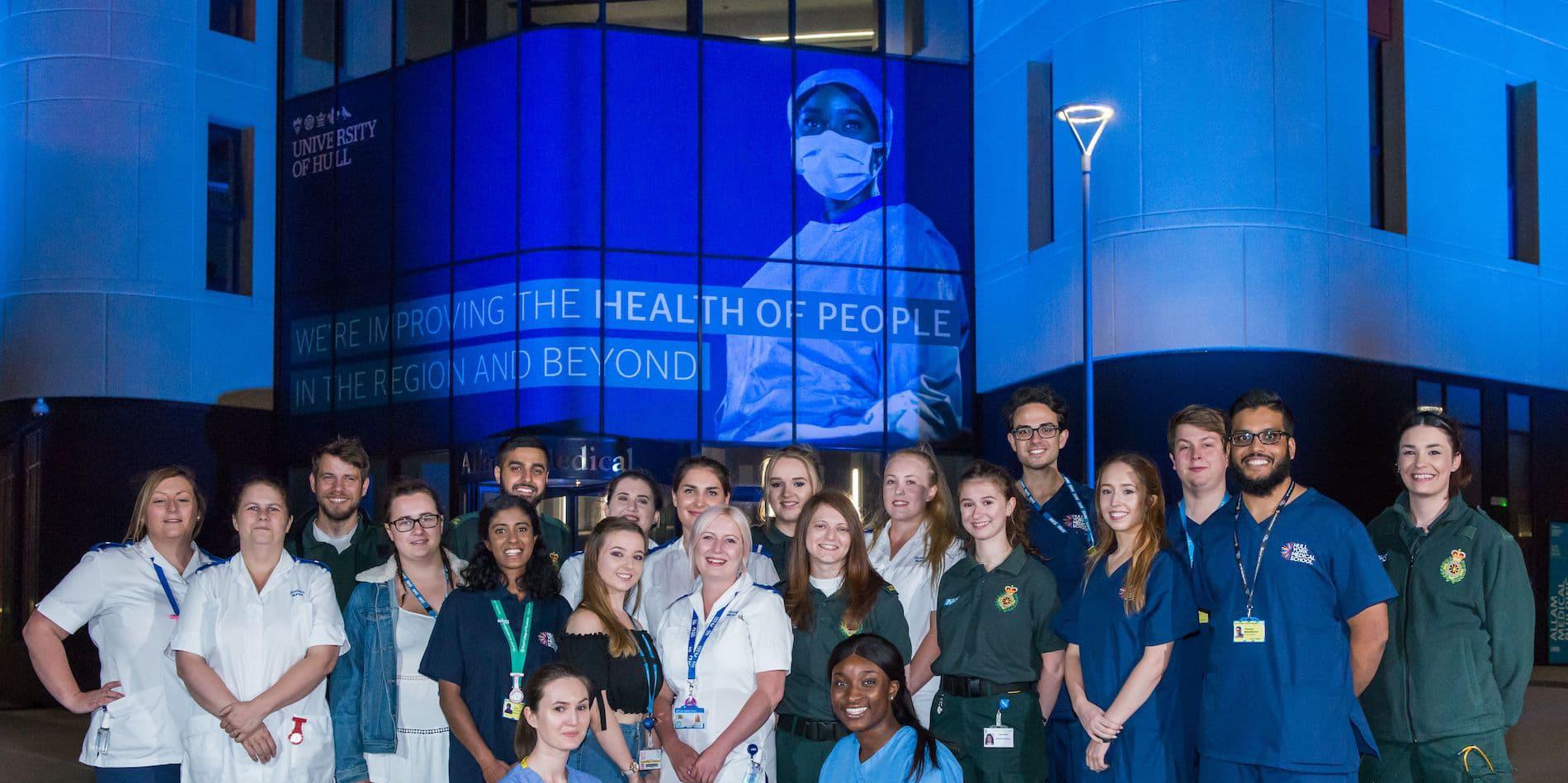 Medical students outside the University of Hull's Allam Medical Building