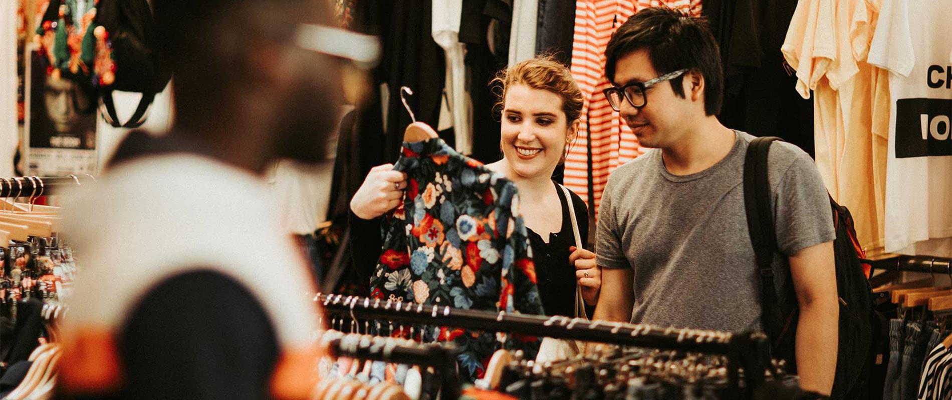 Students shopping for vintage clothing in a Hull shop